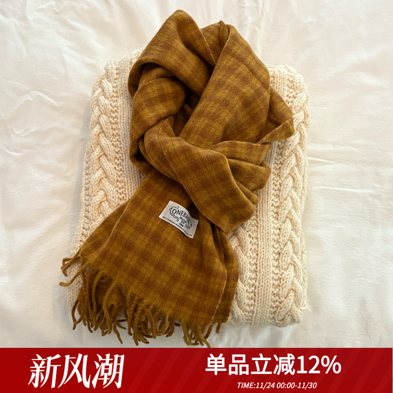 韩系秋冬100%wool流苏格纹围巾