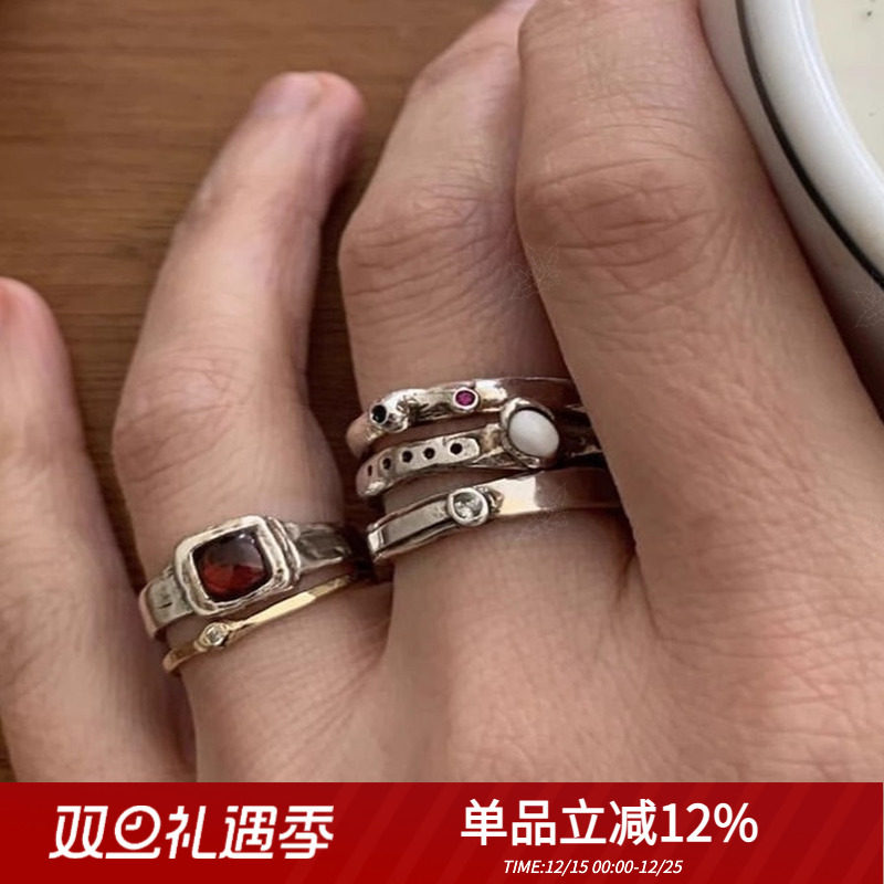 定制韩代小众mars25经典款复古纯手工纹理红宝石925纯银戒指百搭