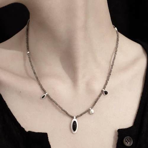纯银茶晶圆珠女小众项链