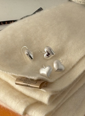 Retro通体S925纯银立体大爱心拉丝耳环女磨砂桃心耳钩气质轻奢