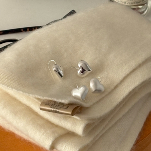 Retro通体S925纯银立体大爱心拉丝耳环女磨砂桃心耳钩气质轻奢