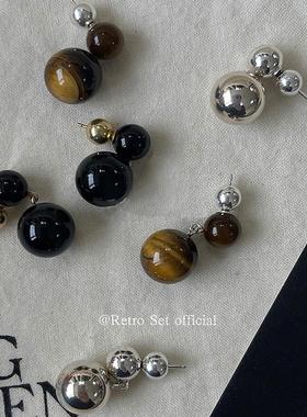 定制SophieBuhai法式纯银黑玛瑙双球银球简约百搭精致925耳钉耳环