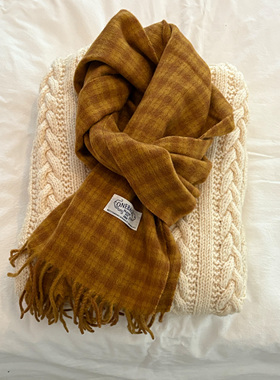 Retro韩国100%wool羊毛文艺气质格纹流苏围巾保暖围脖休闲百搭
