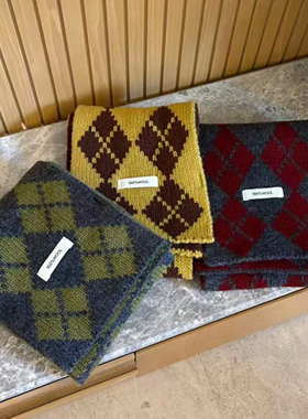 Retro韩系显白复古黄咖撞色纯羊毛交叉小围巾2025新菱格护颈围脖