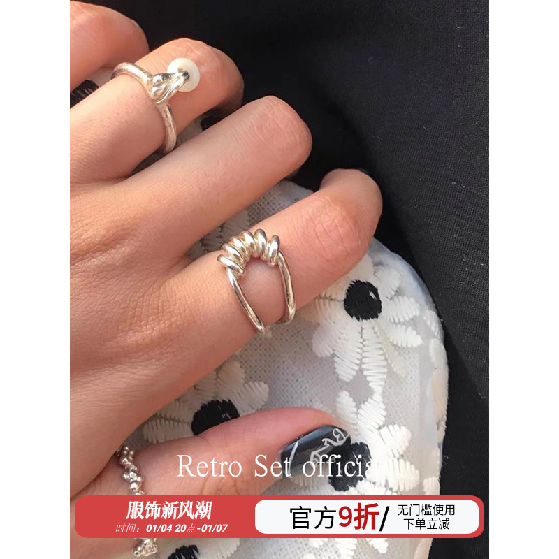 夏新韩国小众SOUHAIT复古简约几何线条简约百搭扭绳S925纯银戒指