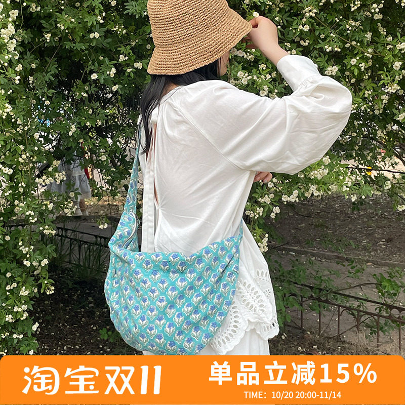 “海盐苏打”蓝色条纹托特包拓印布饺子包慵懒风百搭日常斜挎包