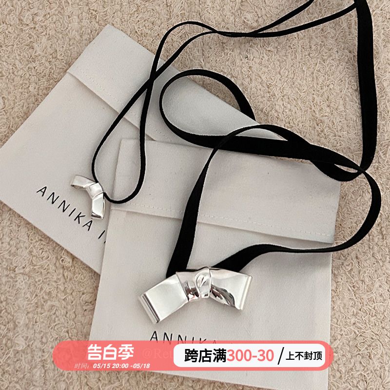 定制小众Annika Inez黑丝绒缎带925纯银银色蝴蝶结领结项链choker 饰品/流行首饰/时尚饰品新 项链 原图主图