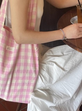 Retro原创“色彩制胜”小众粉色绿色格子棉麻布袋休闲百搭单肩包