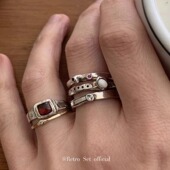 定制韩代小众mars25经典 款 复古纯手工纹理红宝石925纯银戒指百搭