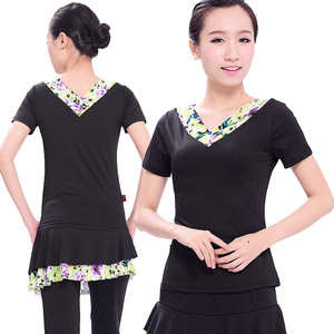 广场舞蹈服装女上衣夏季短袖V领跳舞练功服上装拉丁舞服装修身