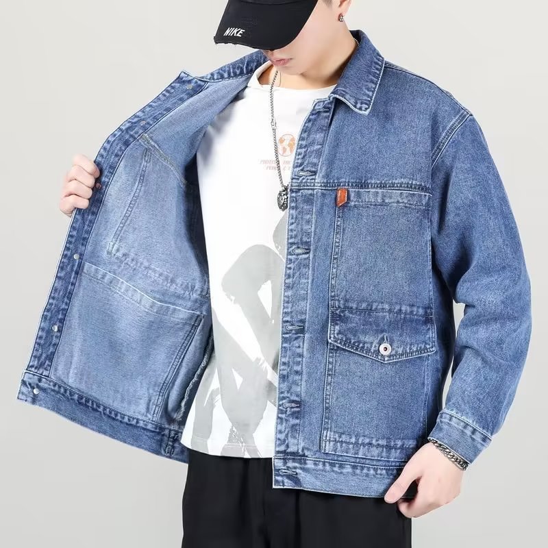 美式潮流工装牛仔外套男宽松多口袋防风夹克蓝色翻领春秋款休闲衫