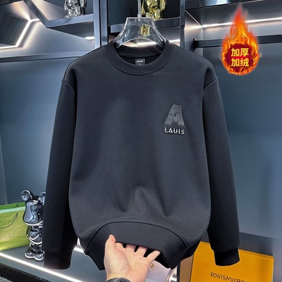 冬季加绒卫衣男新款高级感牙刷绣潮流字母圆领长袖保暖加厚上衣服