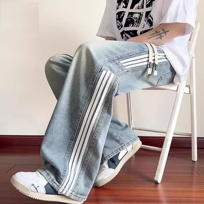 三条杠牛仔裤男款秋季2025新款直筒宽松裤子美式高街复古休闲长裤