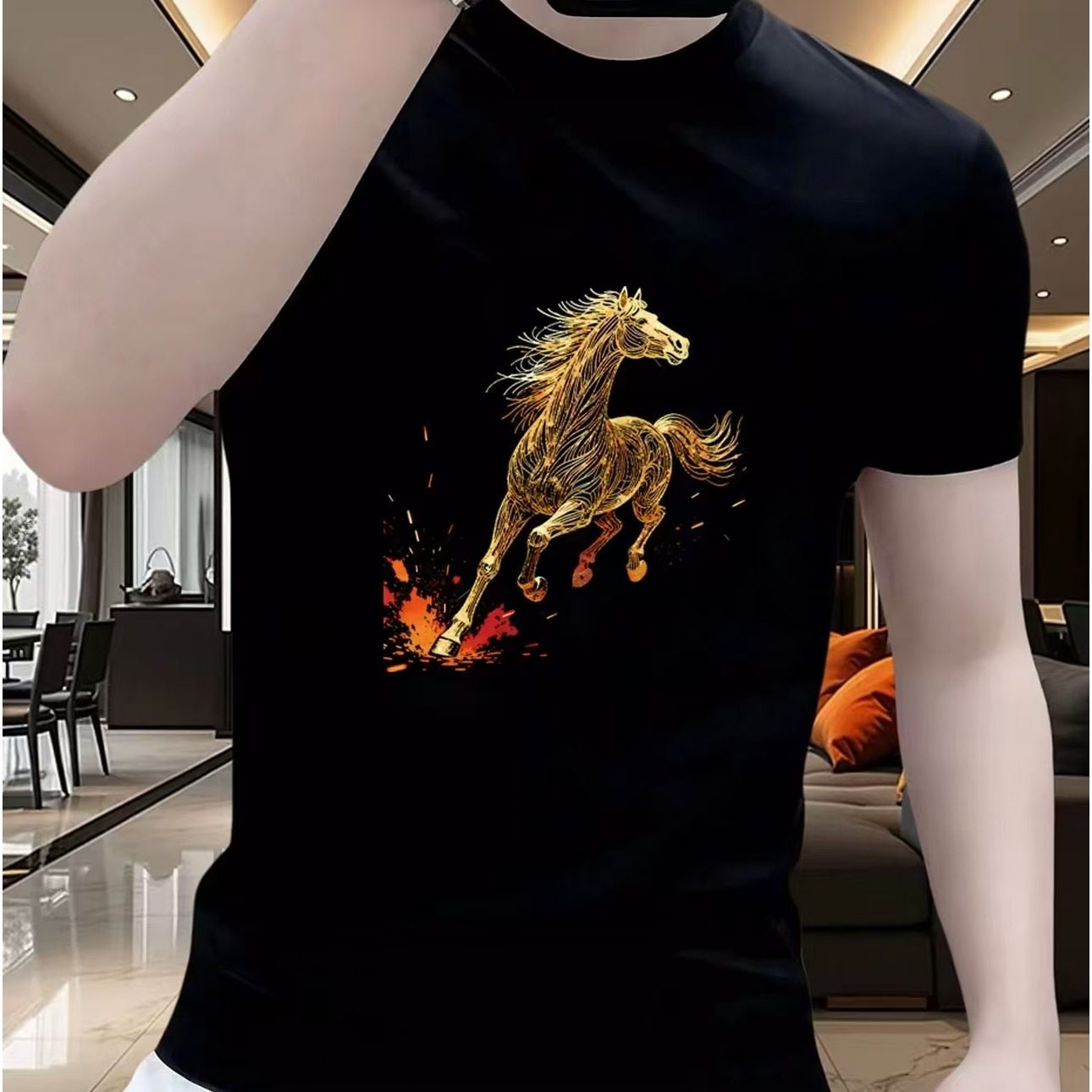 国潮风春夏纯棉圆领短袖T恤男士时尚马图案印花打底半袖体恤衫潮