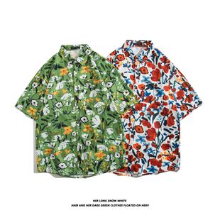 宽松大码 夏威夷风碎花衬衫 冰丝寸衫 海边沙滩度假男装 上衣服 男短袖