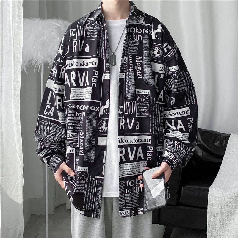 衬衫男高级感痞帅黑白字母报纸纹宽松显瘦百搭休闲长袖衬衣外套潮