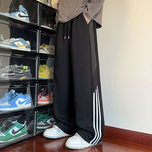 黑色条纹运动裤子男款秋季潮牌三条杠速干卫裤直筒宽松百搭休闲裤