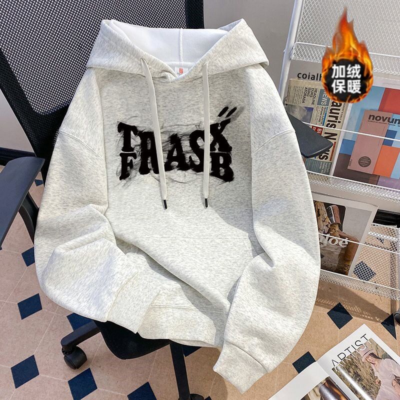 加绒加厚连帽卫衣男生创意字母卫衣秋冬季百搭套头卫衣青少年外套