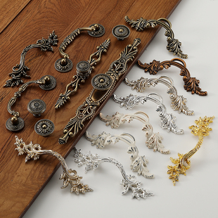 锌合金欧式复古衣柜门拉手金色古银吊环刻花柜门家具五金抽屉把手