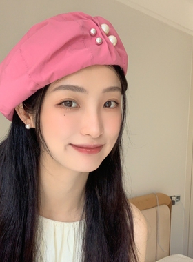 韩系逛街夏季珍珠玫红贝雷帽女