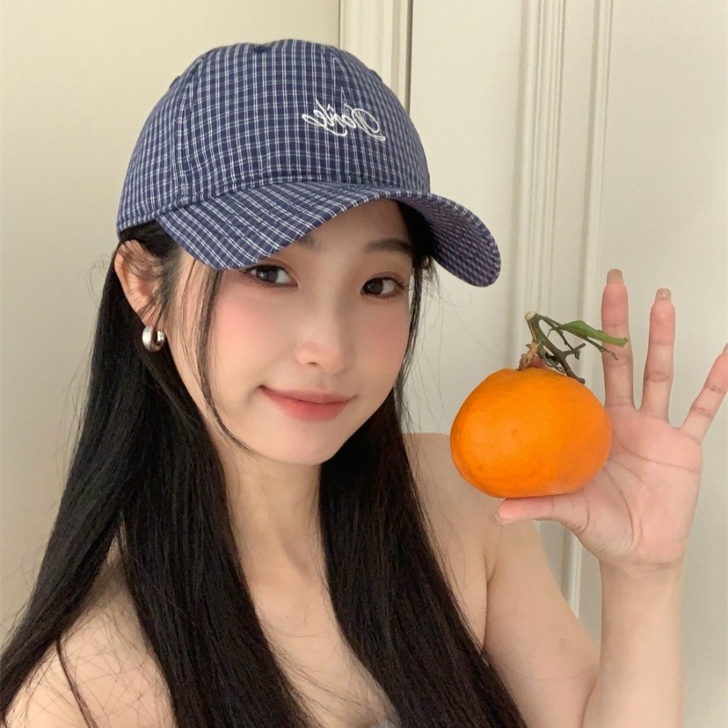 防晒miu系蓝格子字母鸭舌帽女