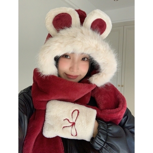 卡通小熊耳朵护耳雷锋帽女新款秋冬下雪天防寒护颈围巾手套三件套