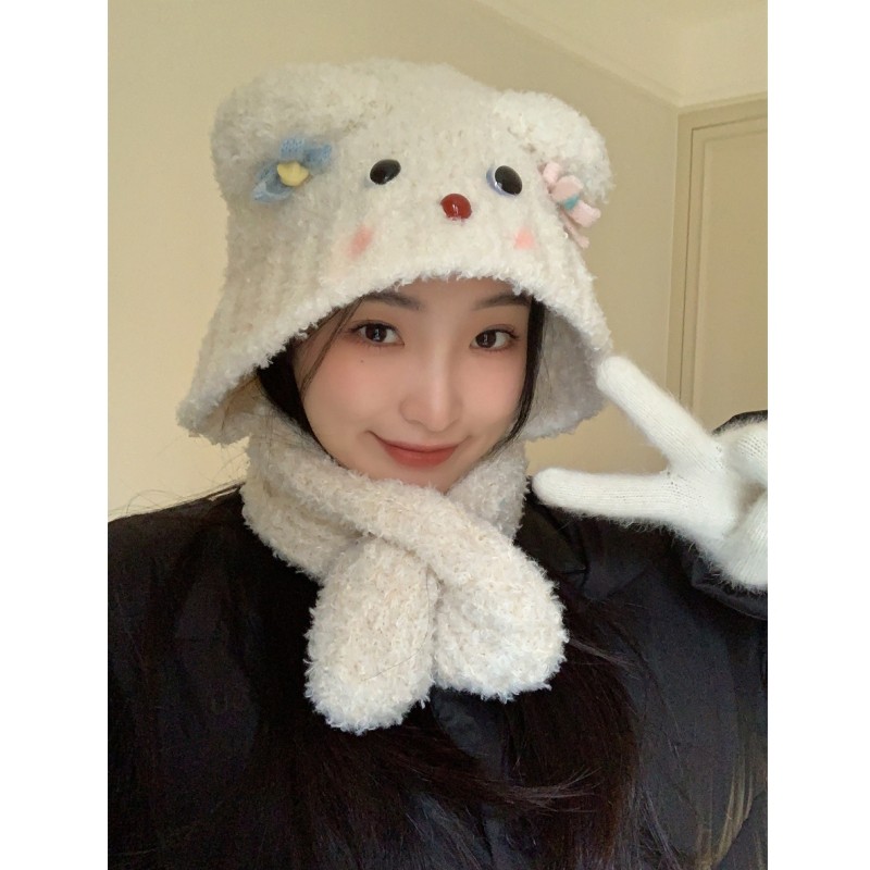 自制~新款秋冬加厚保暖泰迪绒护耳帽女ins可爱卡通腮红围巾雷锋帽
