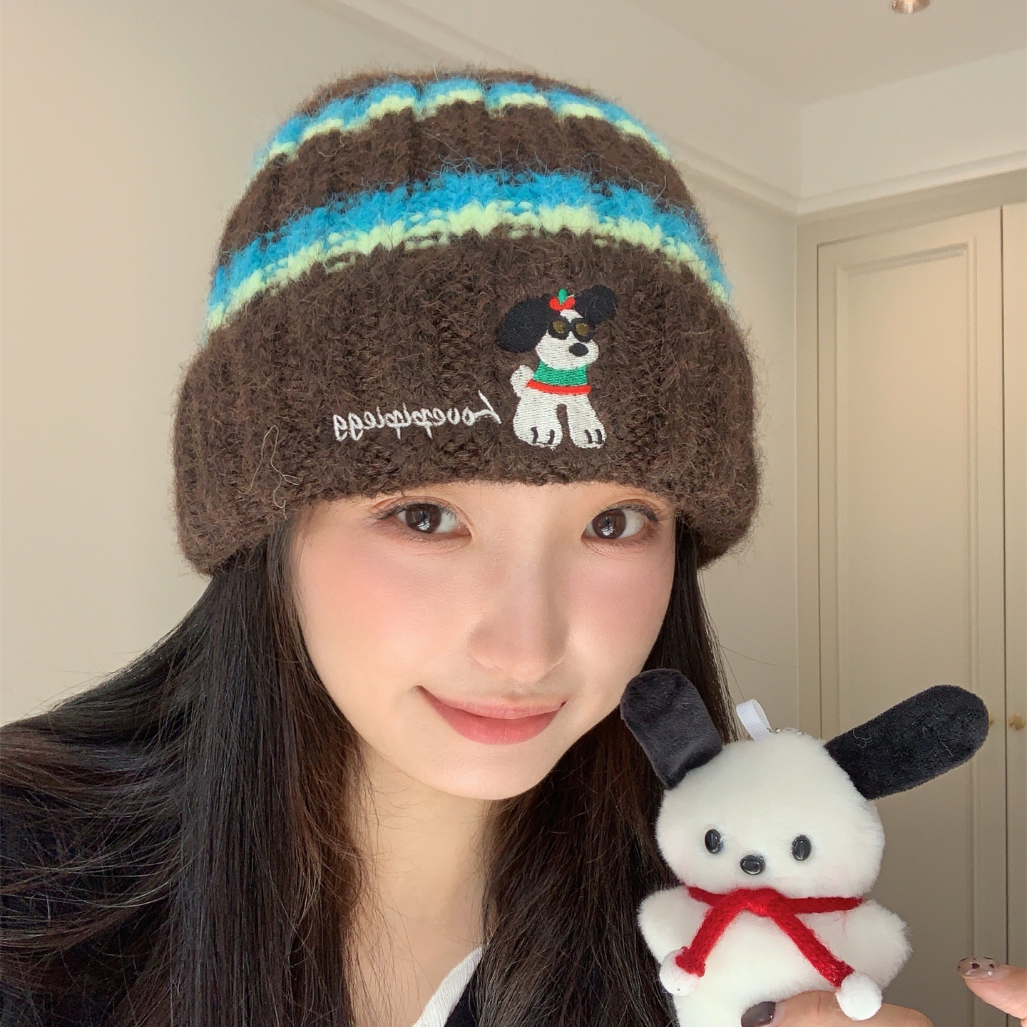 新款秋冬户外加厚保暖针织帽女日系卡通刺绣甜美可爱时尚针织帽男