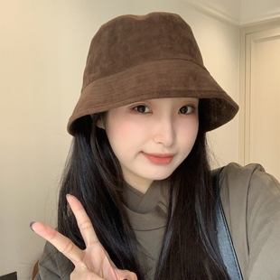 中古风麂皮绒双面戴渔夫帽女新款秋冬保暖复古气质显脸小水桶帽子