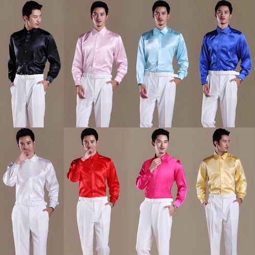 男丝滑绸缎亮面衬衫长袖衬衣演出