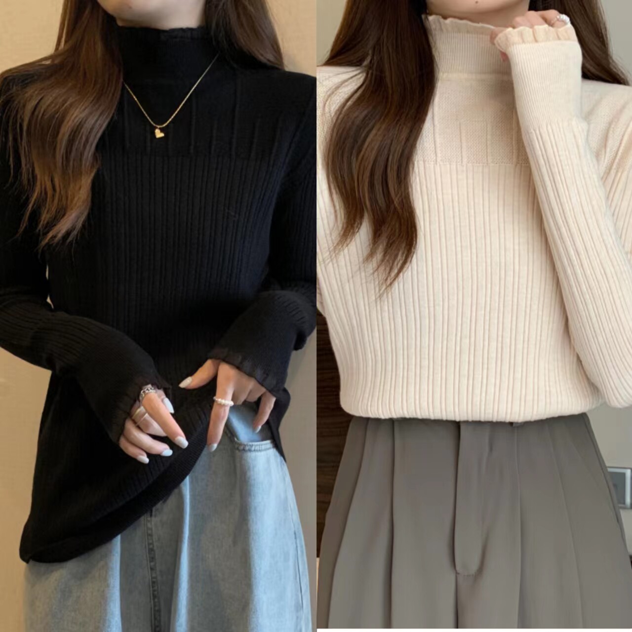 Women's autumn and winter oversized women's clothing half high neckline lace long sleeved sweater base shirt P59_voghion.com