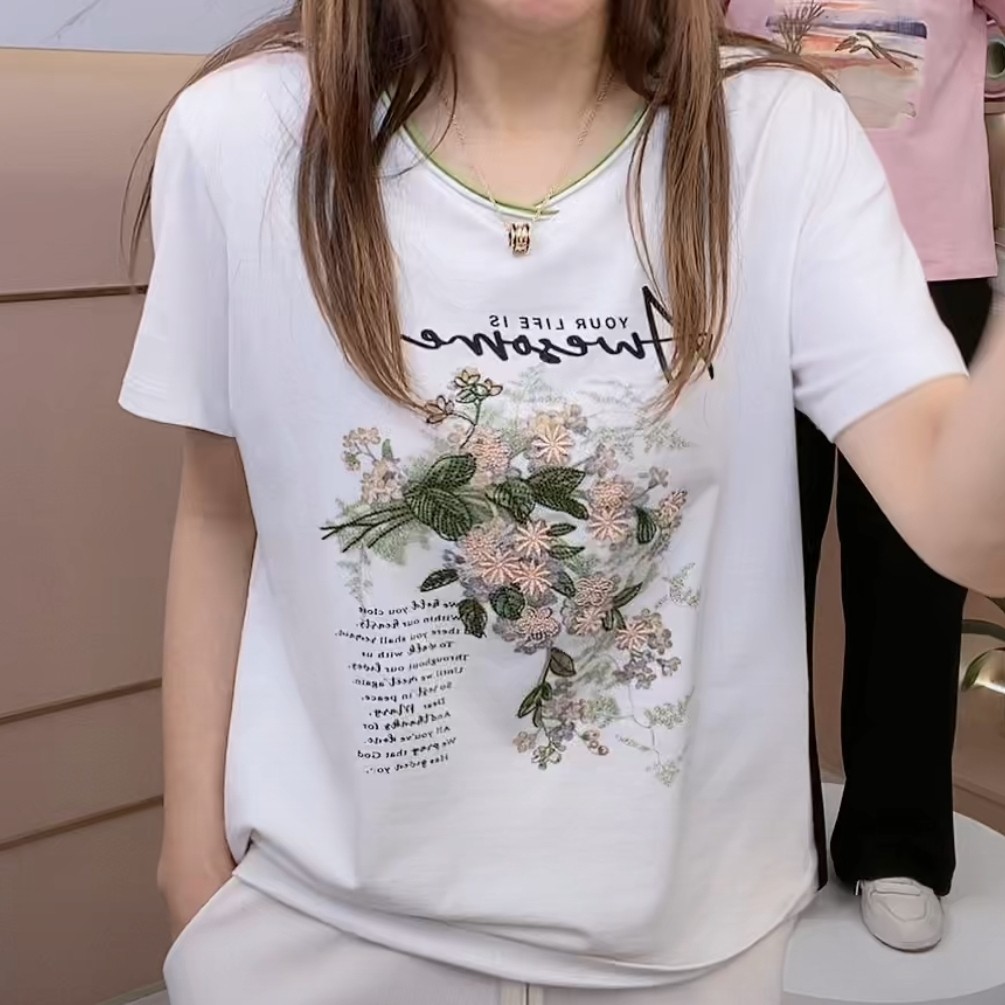 2023新款女刺绣花纯棉上衣时T恤