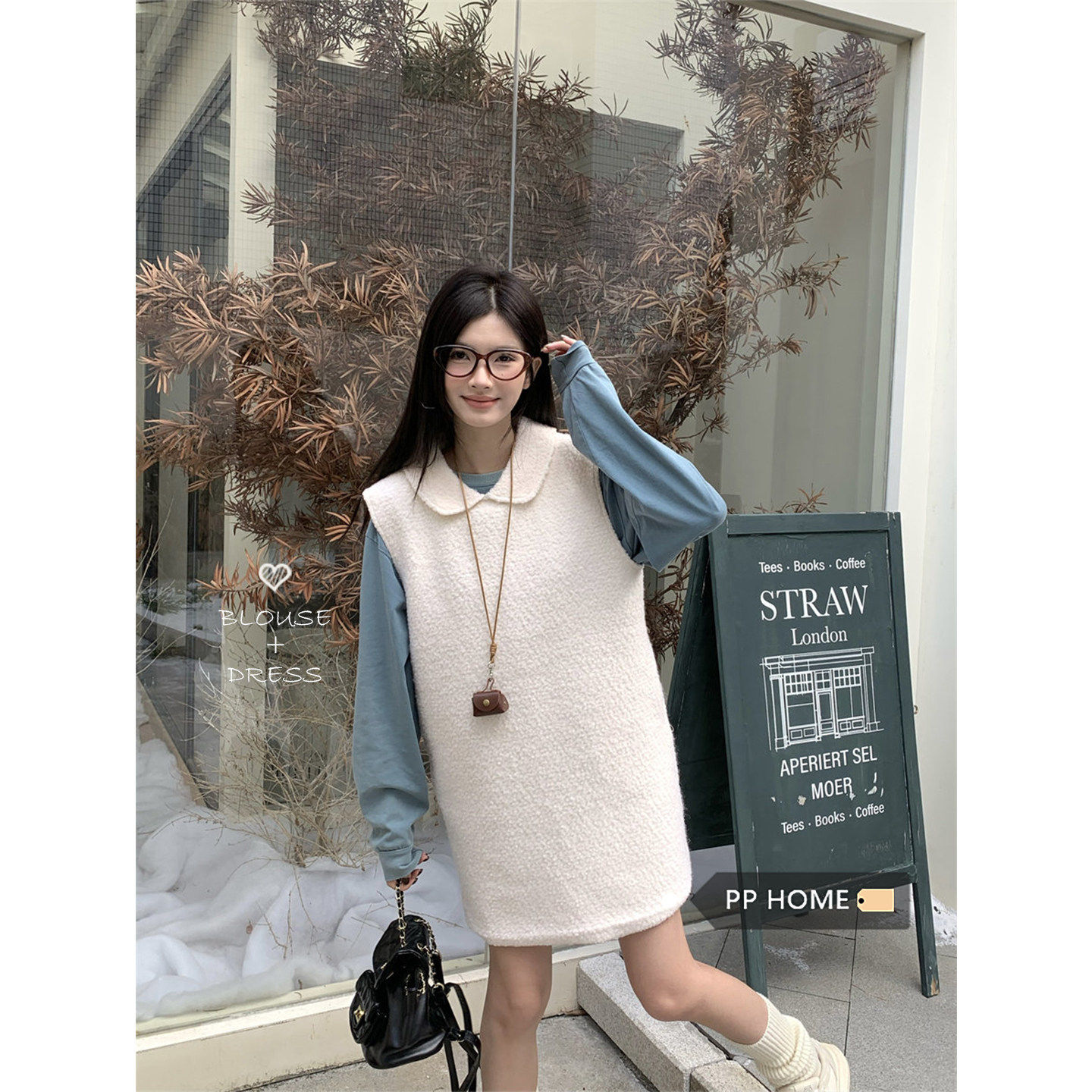 日本offcat韩系温柔白色娃娃领毛呢背心裙女秋冬小个子百搭减龄连