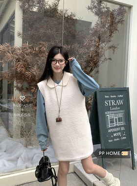 日本offcat韩系温柔白色娃娃领毛呢背心裙女秋冬小个子百搭减龄连