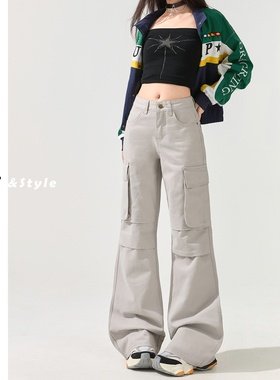 日本offcat灰色微喇高腰牛仔裤女春季新款多口袋显瘦不贴腿工装喇