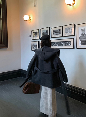 日本offcat灰色双面羊毛短款呢子大衣女2024秋冬新款小个子宽松连