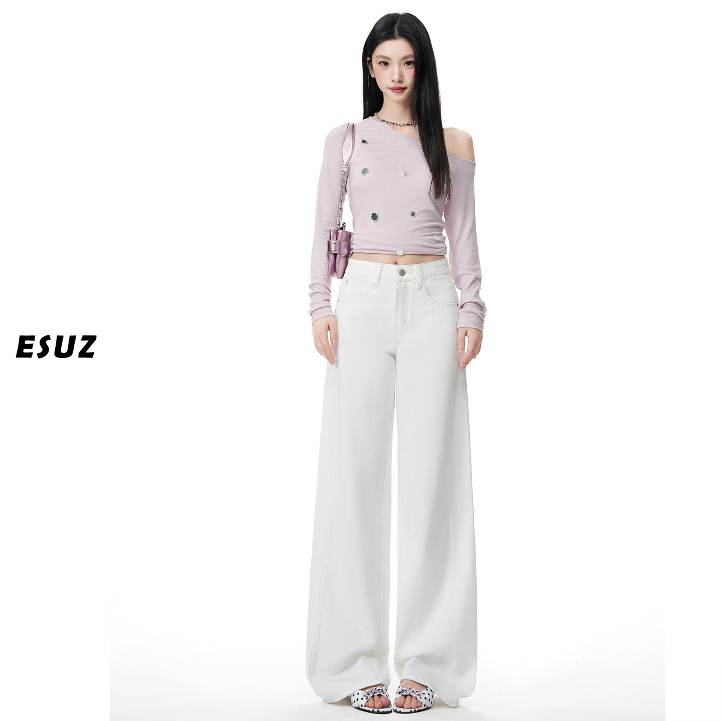 日本offcat白色阔腿牛仔裤女早春2026年新款高腰显瘦宽松窄版拖地