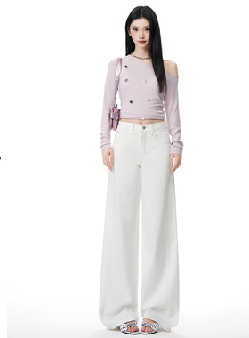 日本offcat白色阔腿牛仔裤女早春2026年新款高腰显瘦宽松窄版拖地