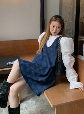 日本offcat复古蓝色水洗牛仔背心裙女秋冬气质套装圆领休闲风