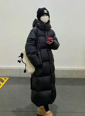 日本offcat黑色长款羽绒服女连帽加厚过膝保暖外套2025新款冬季