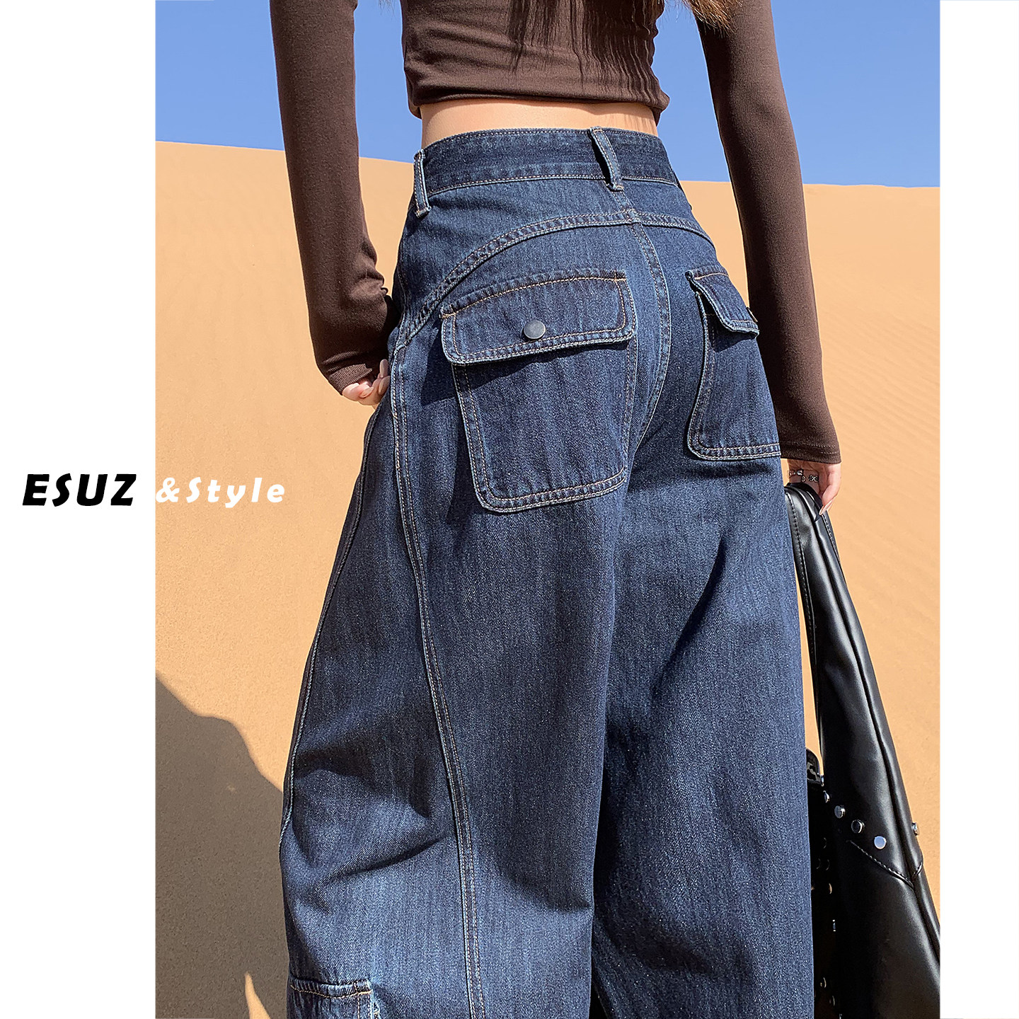 日本offcat深蓝原色弯刀工装牛仔裤女春季款酷飒风高腰宽松设计感