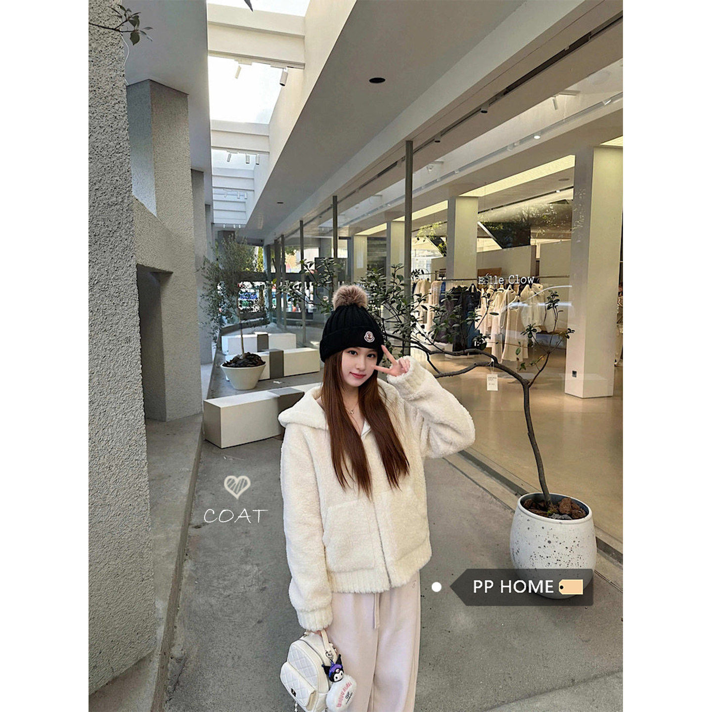 日本offcat温柔风杏色连帽羊羔绒外套女秋冬加厚保暖皮毛一体开衫