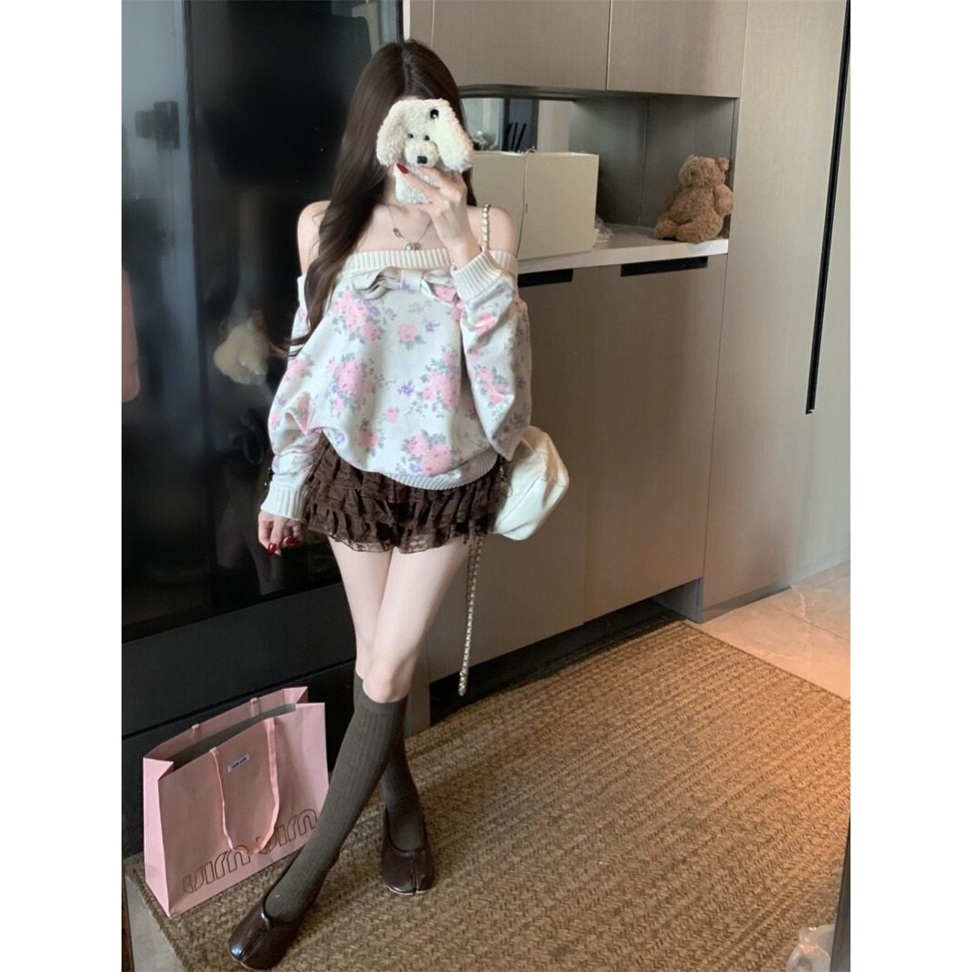 日本offcat甜美风露肩碎花印花毛衣女秋冬宽松一字肩蝴蝶结宽松型