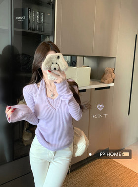 日本offcat紫色假两件V领挂脖长袖针织衫上衣女秋冬修身显瘦套头