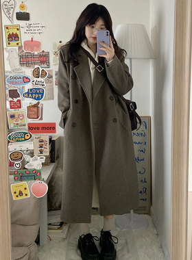 日本offcat灰色毛呢外套女2024秋冬新款小个子赫本风中长款双面呢