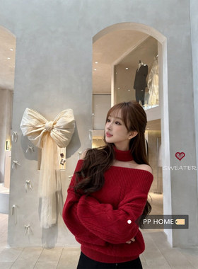 日本offcat韩系温柔风红色一字领毛衣女秋冬慵懒感露肩长袖针织衫