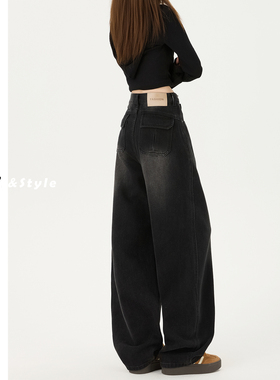 日本offcat复古黑灰色弯刀牛仔裤女秋冬新款水洗垂感宽松百搭直筒