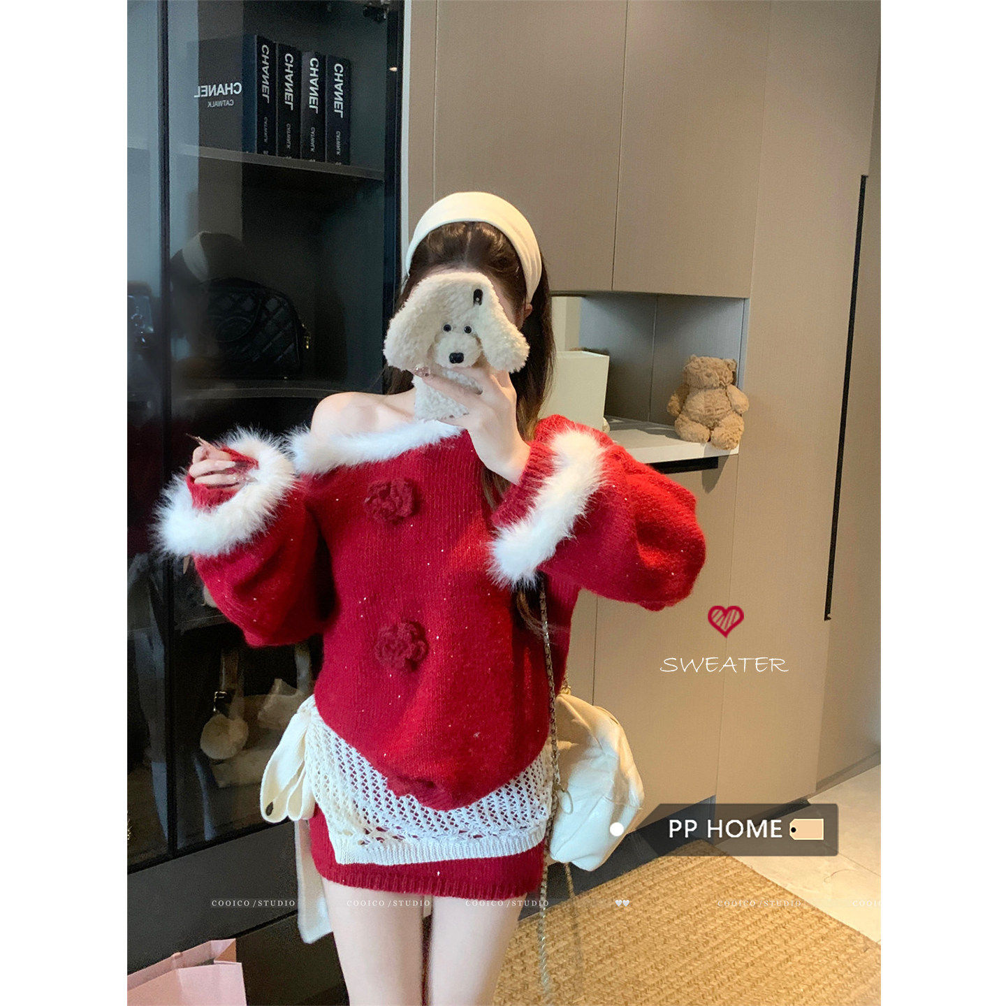 日本offcat红色斜肩毛领毛衣女秋冬镂空针织皮帘内搭包臀半身裙三,女装/女士精品,毛针织衫,淘宝优惠券,粉丝福利购,淘宝优惠卷