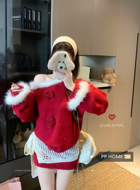 日本offcat红色斜肩毛领毛衣女秋冬镂空针织皮帘内搭包臀半身裙三