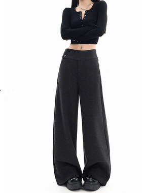 日本offcat深灰色毛呢西装阔腿裤女秋冬新款春季侧腰纽扣设计宽松